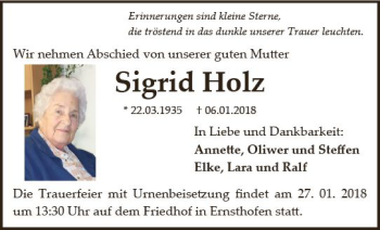 Traueranzeige von Sigrid Holz von Trauerportal Rhein Main Presse