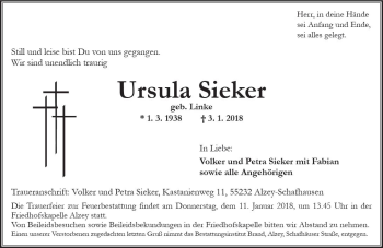 Traueranzeige von Ursula Sieker von Trauerportal Rhein Main Presse