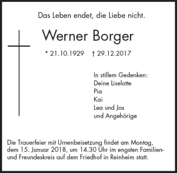 Traueranzeige von Werner Borger von Trauerportal Rhein Main Presse
