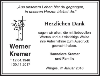 Traueranzeige von Werner Kremer von  Camberger Anzeiger