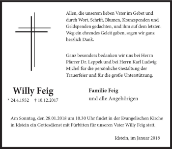 Traueranzeige von Willy Feig von Trauerportal Rhein Main Presse