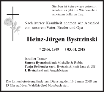 Traueranzeige von Heinz-Jürgen Bystrzinski von Trauerportal Rhein Main Presse