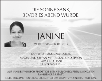 Traueranzeige von Janine  von VRM Tageszeitungen