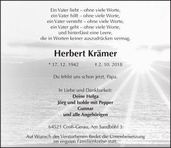 Traueranzeige von Herbert Krämer von VRM Tageszeitungen