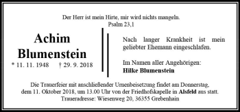 Traueranzeige von Achim Blumenstein von VRM Trauer