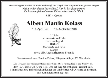 Traueranzeige von Albert Martin Kolass von  Usinger Anzeiger