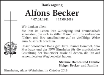 Traueranzeige von Alfons Becker von vrm-trauer