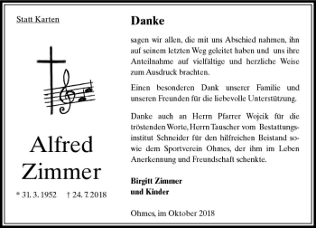 Traueranzeige von Alfred Zimmer von VRM Trauer