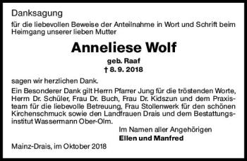 Traueranzeige von Anneliese Wolf von vrm-trauer