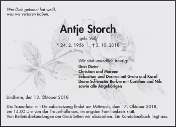Traueranzeige von Antje Storch von  Kreisanzeiger
