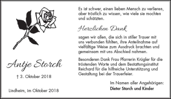 Traueranzeige von Antje Storch von  Kreisanzeiger