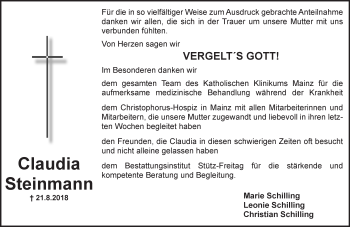 Traueranzeige von Claudia Steinmann von vrm-trauer