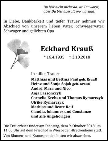 Traueranzeige von Eckhard Krauß von vrm-trauer