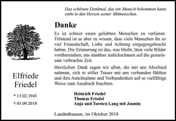 Traueranzeige von Elfriede Friedel von VRM Trauer