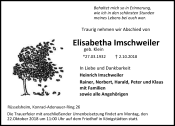 Traueranzeige von Elisabeitha Imschweiler von vrm-trauer