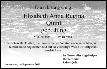 Traueranzeige von Elisabeth Anna Regina Quint von vrm-trauer