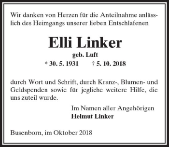 Traueranzeige von Elli Linker von  Kreisanzeiger