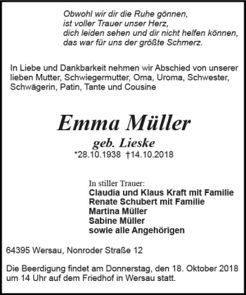 Traueranzeige von Emma Müller von vrm-trauer