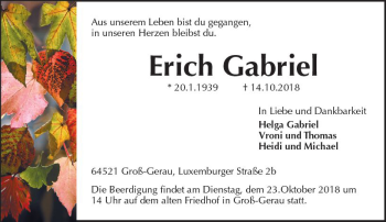 Traueranzeige von Erich Gabriel von vrm-trauer