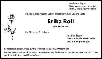 Traueranzeige von Erika Roll von vrm-trauer