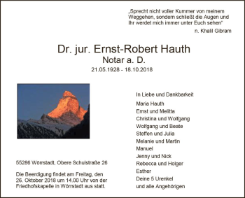 Traueranzeige von Ernst-Robert Hauth von vrm-trauer