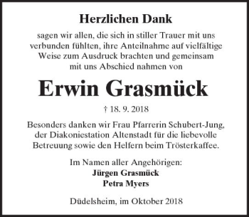 Traueranzeige von Erwin Grasmück von  Kreisanzeiger