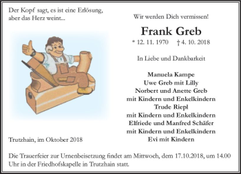 Traueranzeige von Frank Greb von VRM Trauer