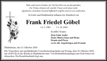 Traueranzeige von Frank Friedel Göbel von  Kreisanzeiger