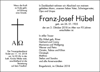 Traueranzeige von Franz-Josef Hübet von vrm-trauer