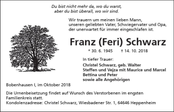 Traueranzeige von Franz  Schwarz von  Kreisanzeiger
