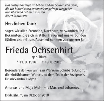 Traueranzeige von Frieda Ochsenhirt von  Kreisanzeiger