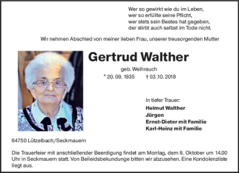 Traueranzeige von Gertrud Walther von vrm-trauer