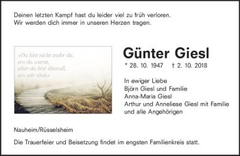 Traueranzeige von Günter Giesl von vrm-trauer