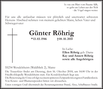 Traueranzeige von Günter Röhrig von vrm-trauer