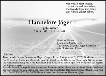 Traueranzeige von Hannelore Jäger von vrm-trauer