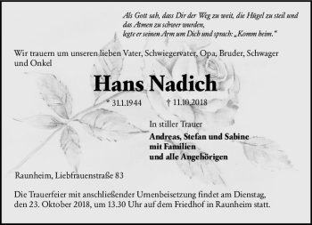 Traueranzeige von Hans Nadich von vrm-trauer