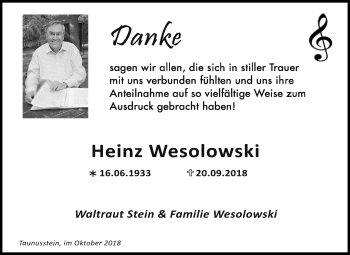 Traueranzeige von Heinz Weselowski von vrm-trauer