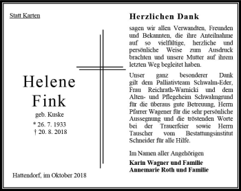 Traueranzeige von Helene Fink von VRM Trauer