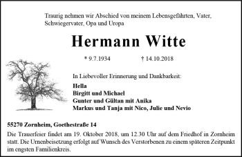 Traueranzeige von Hermann Witte von vrm-trauer