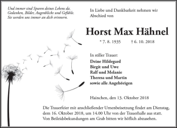 Traueranzeige von Horst Max Hähnel von  Kreisanzeiger