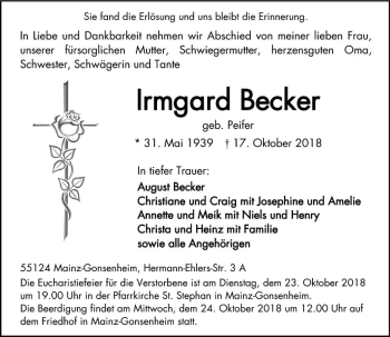 Traueranzeige von Irmgard Becker von vrm-trauer