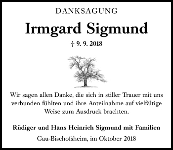 Traueranzeige von Irmgard Sigmund von vrm-trauer