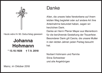 Traueranzeige von Johanna Hohmann von vrm-trauer