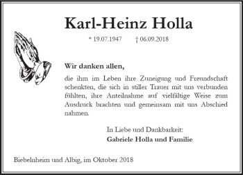 Traueranzeige von Karl-Heinz Holla von vrm-trauer
