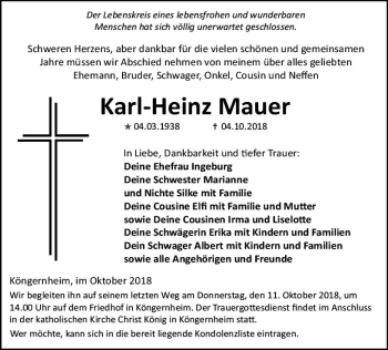 Traueranzeige von Karl-Heinz Mauer von vrm-trauer