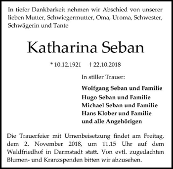 Traueranzeige von Katharina Seban von vrm-trauer