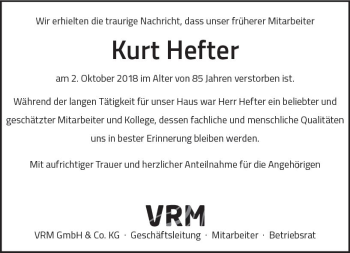 Traueranzeige von Kurt Hefter von vrm-trauer