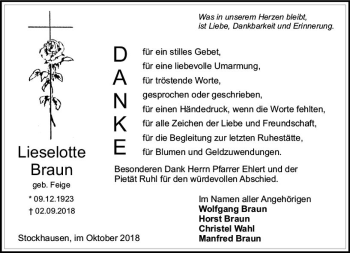 Traueranzeige von Lieselotte Braun von VRM Trauer