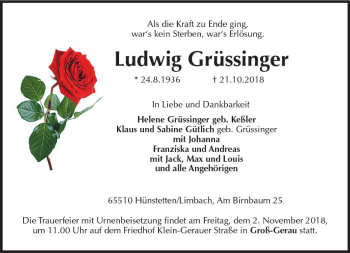 Traueranzeige von Ludwig Grüssinger von vrm-trauer