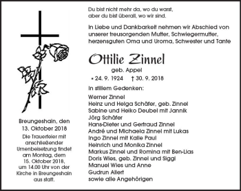 Traueranzeige von Ottilie Zinnel von  Kreisanzeiger